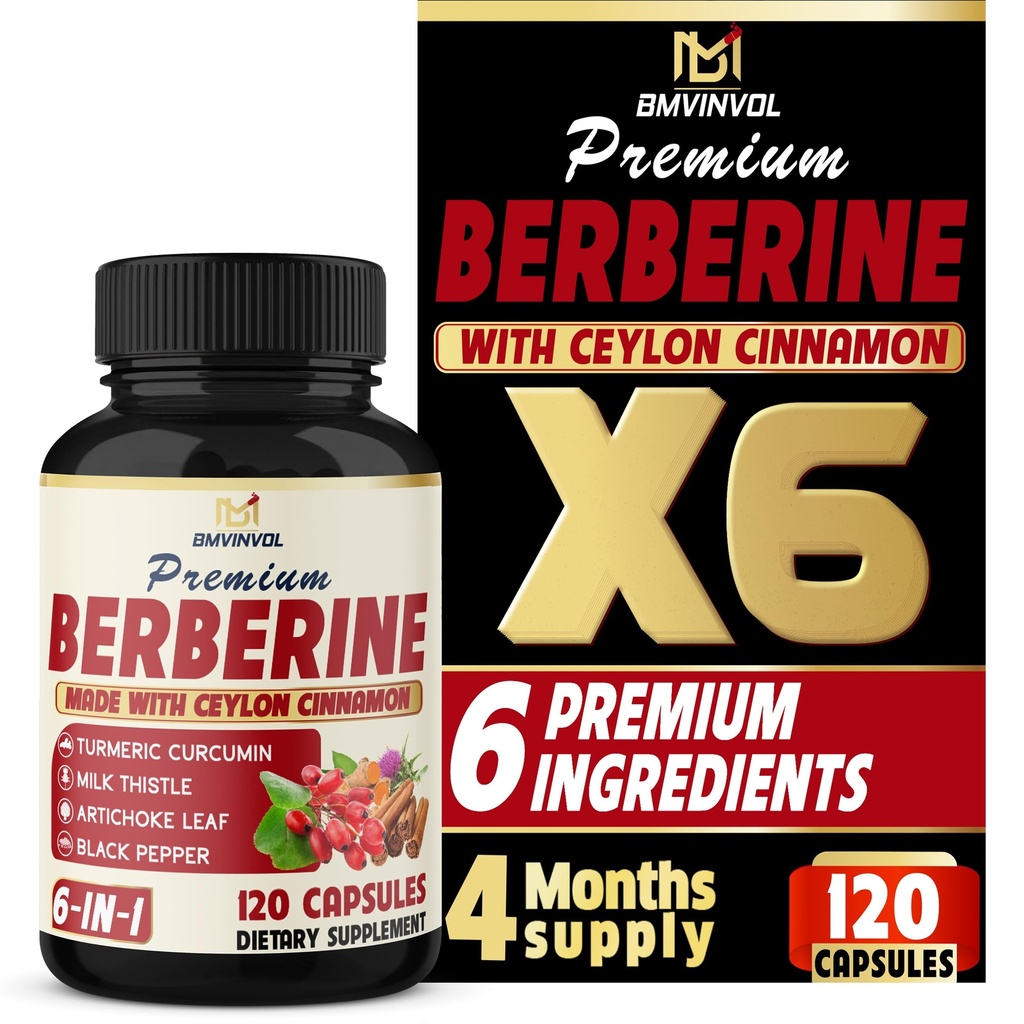 BMVINVOL 6in1 Berberine Supplement koos Ceylon kaneel, Tumeric Juur, piimaohakas, artišokk, must pipar -120 kapslit 4 kuu tarne