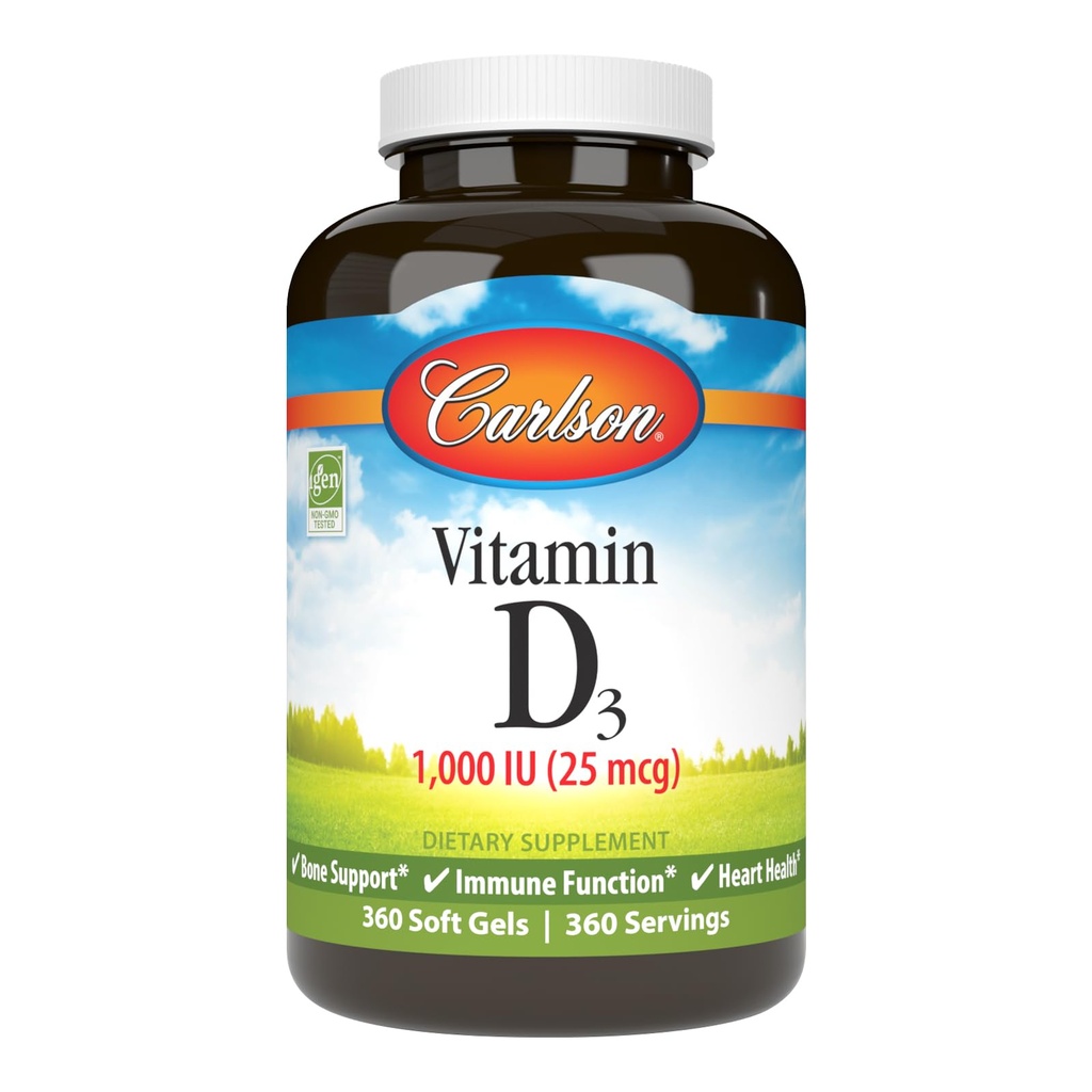 Carlson - D3-vitamiin, 1000 RÜ (25 mcg), luu tervis, lihaste tervis, kolekaltsiferool, D-vitamiini toidulisandid, D3-vitamiini pehmed geelid, 360 Softgels