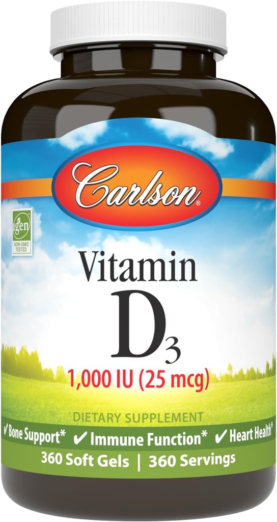 Carlson - D3-vitamiin, 1000 RÜ (25 mcg), luu tervis, lihaste tervis, kolekaltsiferool, D-vitamiini toidulisandid, D3-vitamiini pehmed geelid, 360 Softgels