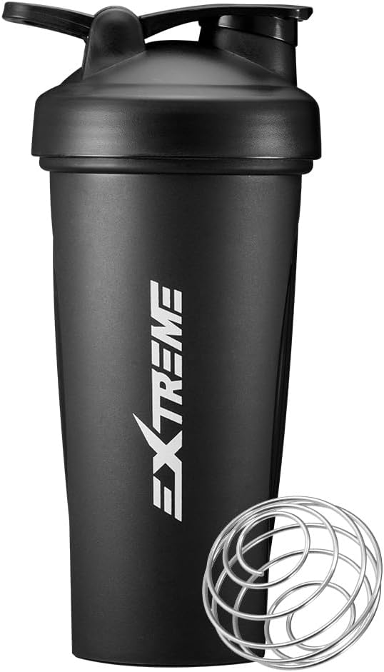 EXTREME Classic Shaker Bottle koos traadiga Whisk, ideaalne valgu raputamiseks ja enne treeningut, Leak Proof Shaker Cups, BPA Free, nõudepesumasin SAFE, 24 Ounce, Black