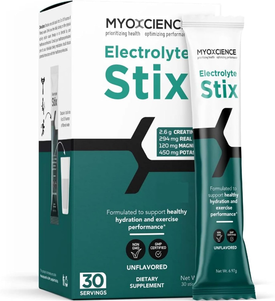 MYOXCIENCE Electrolyte STIX | Kreatiinelektrolüütpulber | Treeningust ja lihaste arengust taastumine ilma tõelise soolata (maitsestamata) (kuus 30 ct)