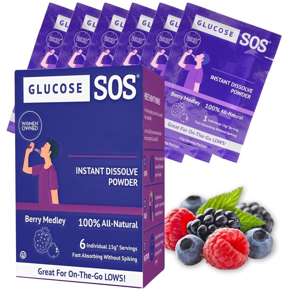 Glükoos SOS Glükoos Berry Medley Glükoosi pulber , looduslikud dekstroosi pakendid , kiire imendumine , kohene lahustumine , vett ei ole vaja , 6 kotikest karbi kohta