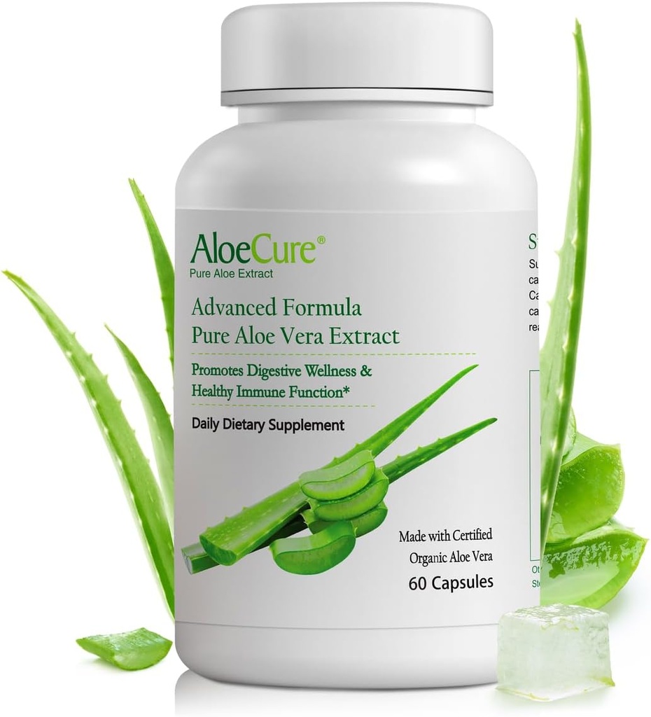 AloeCure Organic Aloe Vera kapslid, 130 000 mg Inner Aloe Leaf Equivelant per Serving, Support Gut Health & Digestive Comfort, Maohappepuhver, Natural Immune Supplement, Aloin Free, 60 kapslit