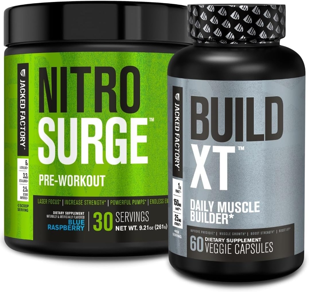 Jacked Factory Nitrosurge Preworkout Blue Vaarika & Ehita XT Lihaskoe ehituskomplekt meestele ja naistele