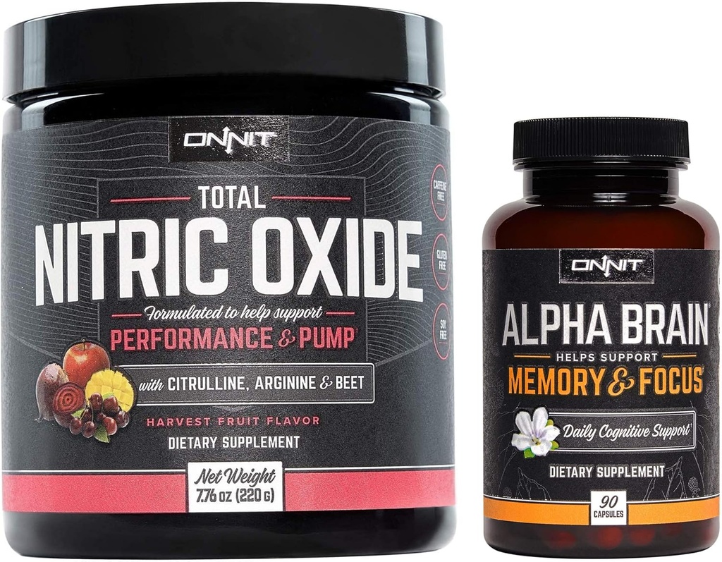 ONNIT Nootroopne + Preworkout Stack - Alfa Aju (90ct) + üldlämmastikoksiid (raskeim puuvili)