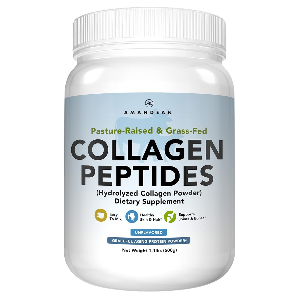 AMANDEAN Collagen Peptides pulber (17,6oz). Rohusööda hüdrolüüsitud valgu lisand. Soodustab tervislikke liigeseid, nahka, juukseid, küüneid. Maitsestamata ja lihtne segada.