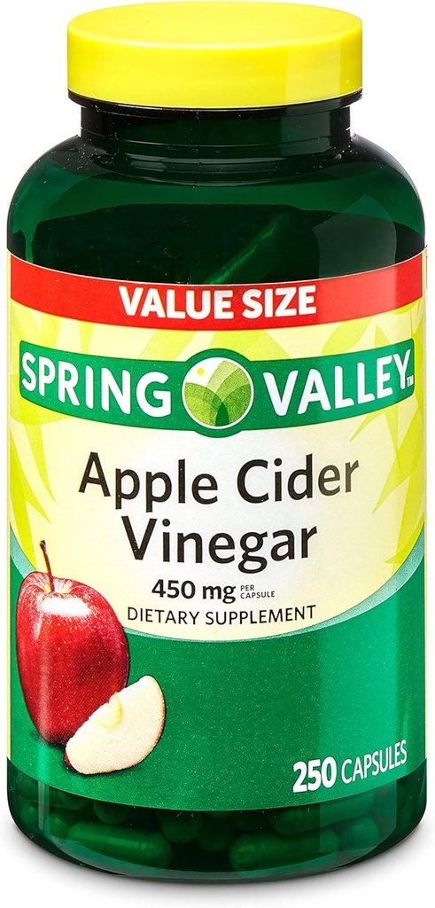 Õunasiidri äädikas, 450 mg, 250 kapslit Väärtuse suurus | Toidulisand | Gluteenivaba, suhkruvaba, laktoosivaba | Õunasiidriäädikas Spring Valley poolt