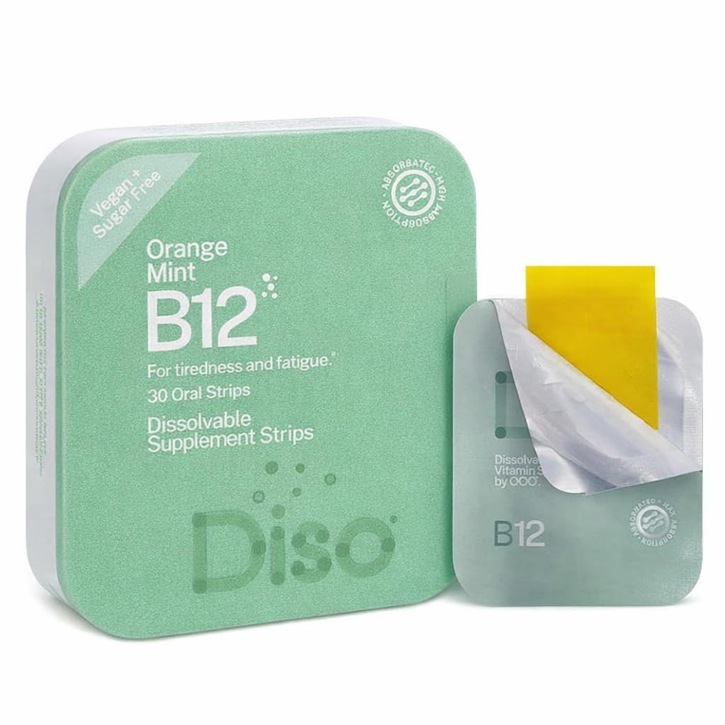 DISO - Vitamiin B12 - Kiiresti lahustuvad suukaudsed ribad, väsimuse ja väsimuse jaoks, oranž piparmündi maitse, vegan, suhkruvaba, maksimaalne imendumine, gluteenivaba, individuaalselt pakitud, 30 lahustuvat riba