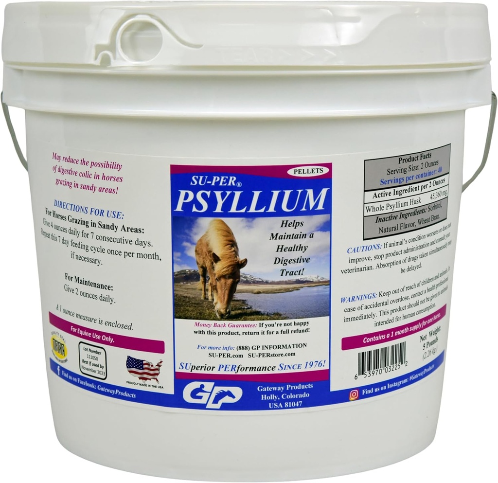 SU-PER Psyllium Pellets Hobuste täiendus - säilitab hobuste tervisliku seedetrakti - toetab liiva ja mustuse eemaldamist soolestikust - 5 naela, 1 kuu pakkumine