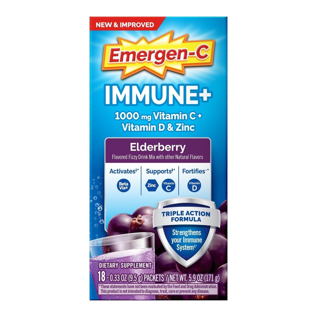 Emergen-C immuun + kolmekordne toime Immuunsüsteemi tugipulber, BetaVia (R), 1000mg C-vitamiin, B-vitamiinid, D-vitamiin ja antioksüdandid, Elderberry, Tagasi kooli Essentials - 18 Count