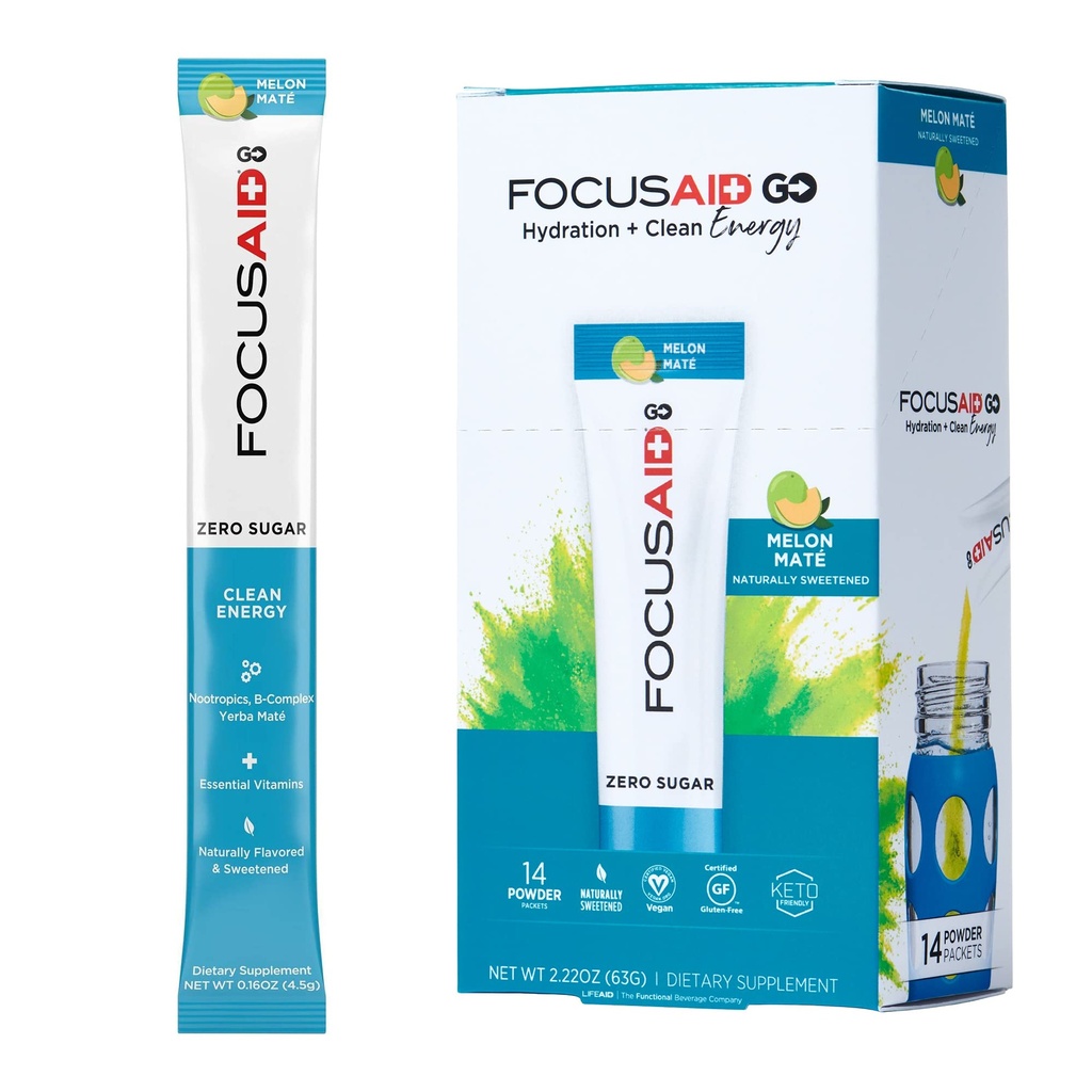 FOCUSAID GO Nootropics Energy Blend, Zero Sugar, Alpha-GPC, GABA, B-Complex, Yerba Mate, Green Tea, Keto Friendly, 100mg Natural Caffeine (pakk 14)