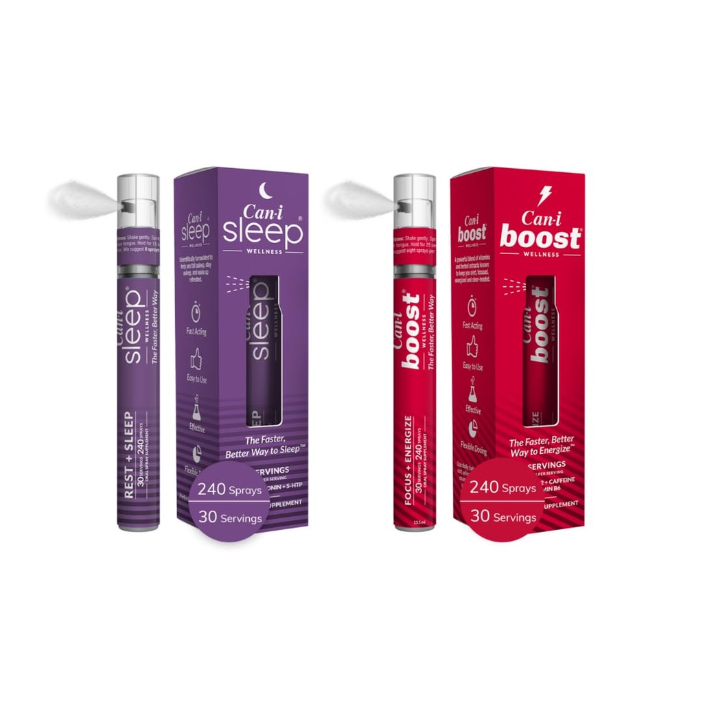 Can-i Heaolu Kiiretoimeline Suukaudne Spray Bundle - Natural Sleep Supplement koos melatoniini ja GABA, Daily Energy Support B12, Ubikinol ja Kofeiin - Vegan Formula, kaasaskantav, reisi-sõbralik Spray