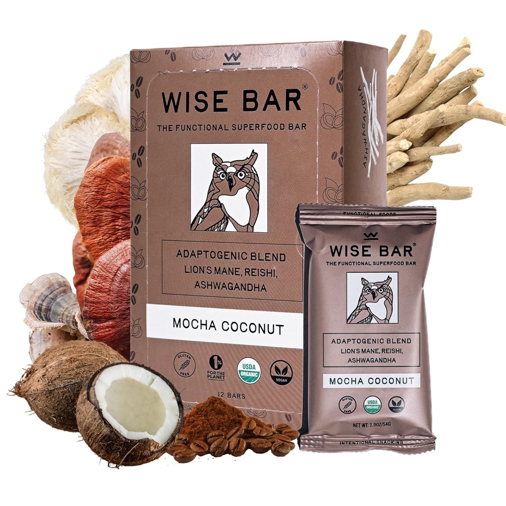 Wise Bar Adaptogen Seene Toitumine Bars Reishi, Lions Mane & Ashwagandha, Organic Vegan & Gluten Free Snacks for Natural Focus, Energy & Immunity Support, Mocha Coconut Flavor, 12 Count
