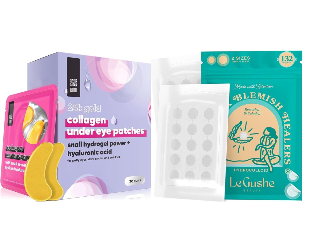 LE GUSHE Pimple Patches näo (132 punkti) ja silmade all (30 paari). Kuldse silma mask kollageeni ja aminohappega, jahutav silmahooldus kortsude, pundunud silmade ja tumedate ringidega