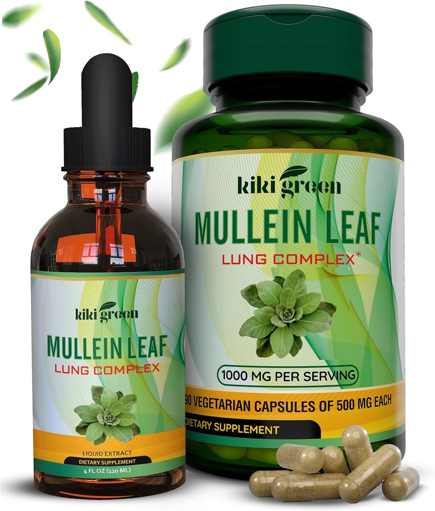 KIKI Green Mullein Kapslid & Vedelikud Tilgad Bundle - Mullein Leaf Extract Supplements, 90 Kapslid + 2 fl oz - Hingamisteede ja immuunsuse toetamiseks, Parem Kopsufunktsioon, Kopsupuhastus & Relief