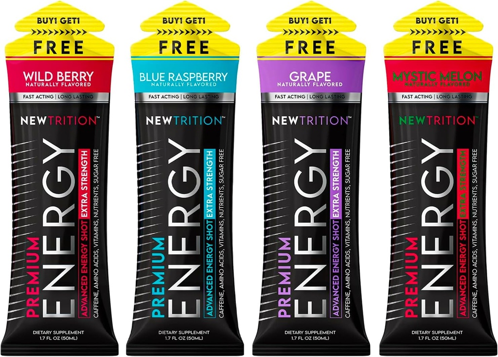 NewTrition® Extra Strength Energy Shots, 250mg Kofeiini Energia B-vitamiini ja Aminohapetega, Suhkruvaba Vitamiini Energia Shot, Zero Calorie Focus & Stamina Booster, 1,7 fl oz (Pack of 4, 4 Maitseained-Mixed-1)