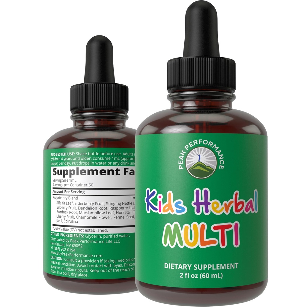 Laste vitamiinid maitsetaimedest. Vedelad lapsed Taimsed multivitamiinid. Suhkruvaba 14-in-1 veganlisandi tilgad väikelastele, lastele, teismelistele. segatud vees nad isegi ei maitse seda