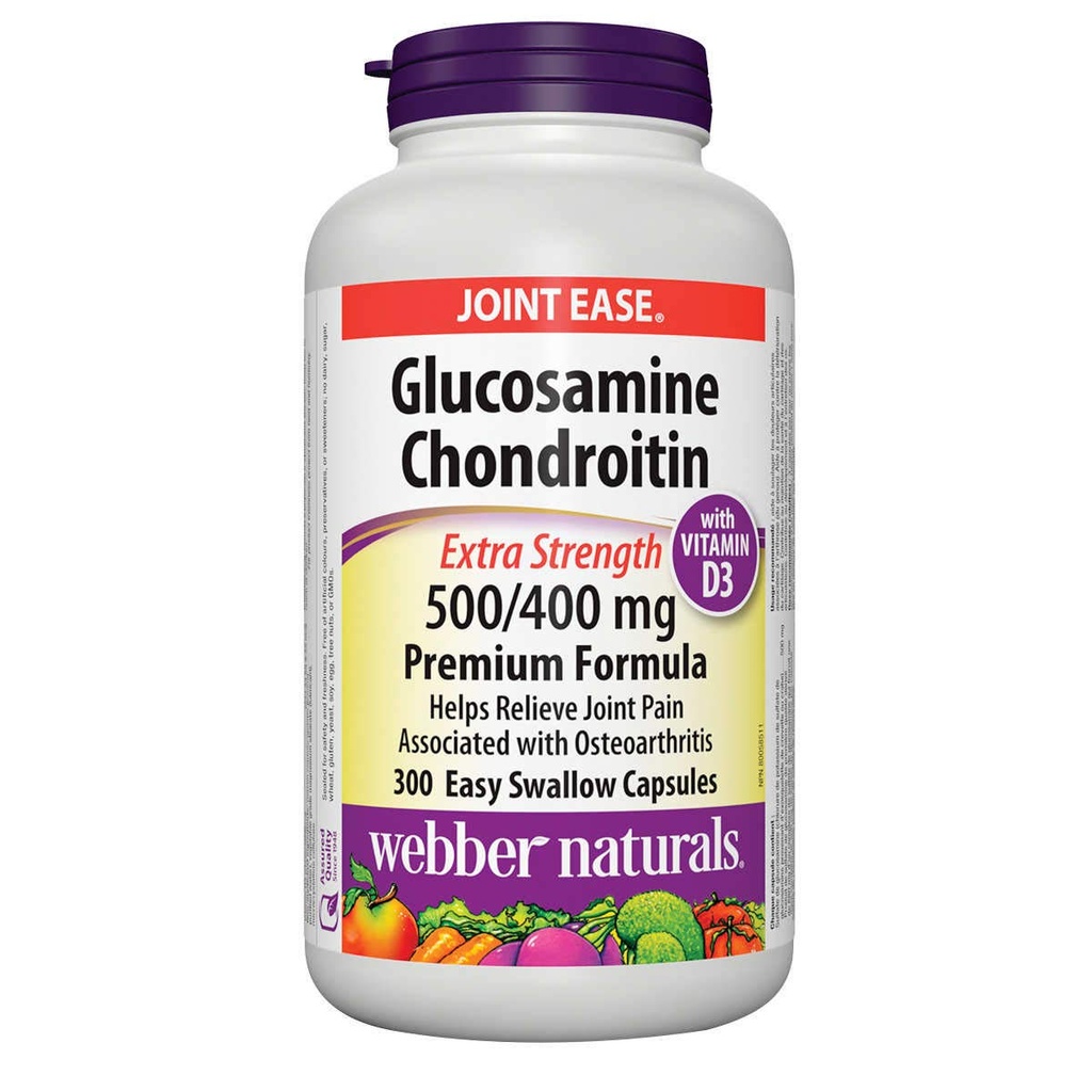 Webber Naturals Glükoosamiin Kondroitiin D3-vitamiiniga, lisatugevus, 500/400 mg, Premium Formula, 300 Kerge neelamiskapslid