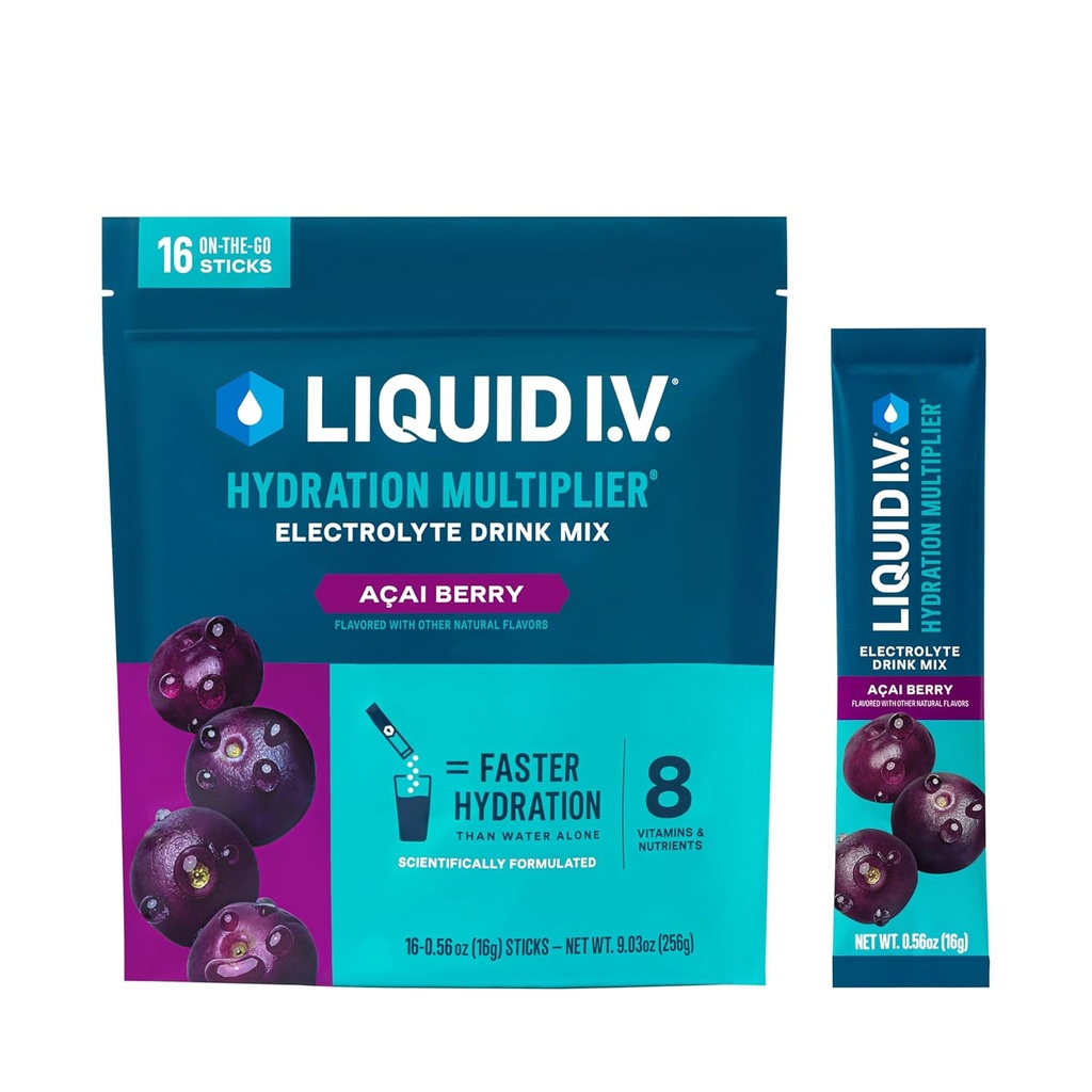 Vedelik I.V.® Hüdratsioonikordaja® - Açaí Berry - Hüdratsioonipulbri pakendid | Elektrolüütide pulbrijoogisegu | Mugavad ühekordselt kasutatavad pulgad | Mitte-GMO | 16 serveerimist (12. pakk)