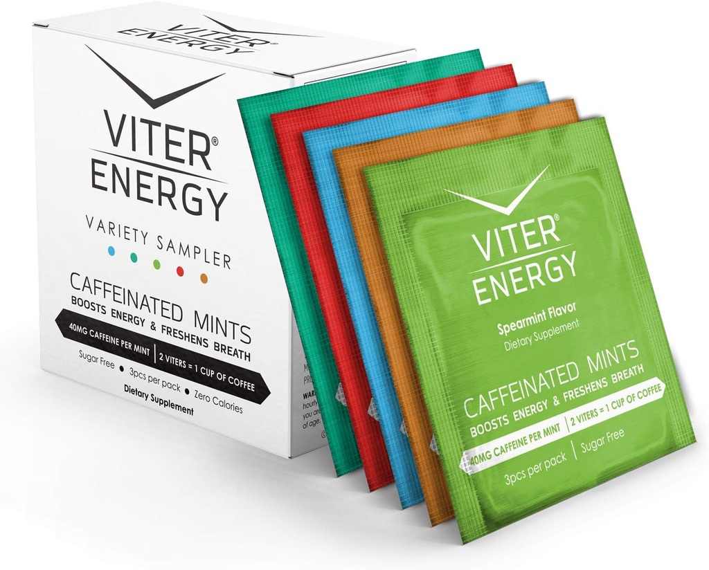 Viter Energy Caffeinated Mints 40mg kofeiin, B-vitamiinid, suhkruvaba. (Variety, 3pcs, 5 Pack)