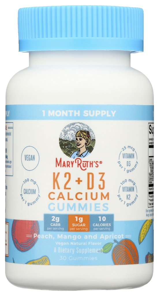 Mary Ruthi K2- ja D3-vitamiin + kaltsiumkummid, 30 Ct