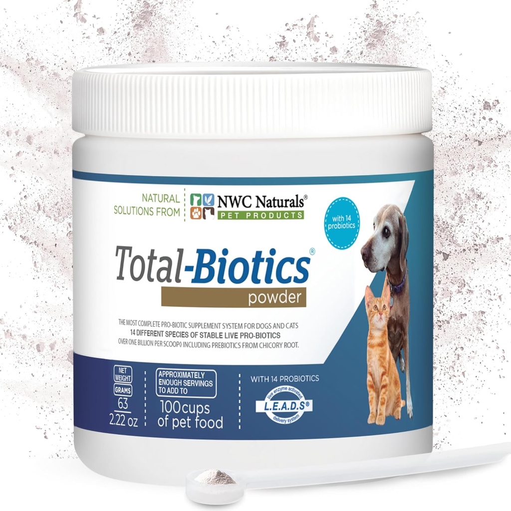 NWC Naturals Total-Biotics, Cat & Dog probiootikumid seedetrakti tervise jaoks prebiootikumiga, maitsestamata probiootikum koertele ja kassidele, soolestiku, naha, mantli, kõhu leevendamiseks, 100 serveerimist, 2.22 ühikut