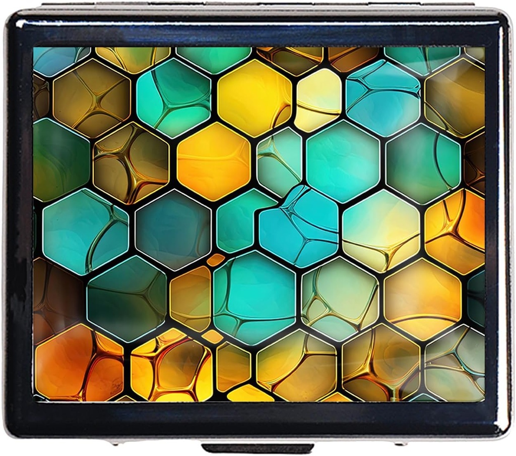 Silver Vintage Pill Box 7 Day Metal Pill Box with Mirror and 8 Compartments Cute Travel Pill Organizer for Purse (Abstract Octagon Honeycomb)