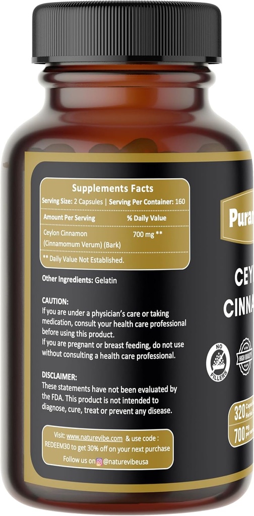 Ceylon Cinnamon Premium 320 kapslit Mitte-GMO ja Gluteenivaba | Taimne täiendus | 700 mg per Serving | Valmistatud 100% puhtast Ceyloni kaneelipulbrist