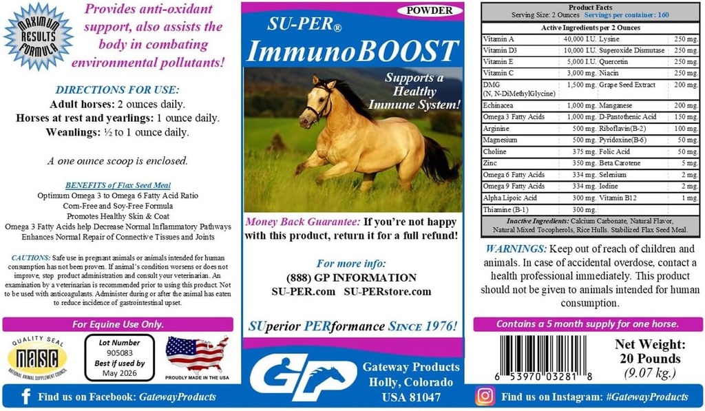 SU-PER ImmunoBOOST Horse Anti-Oxidant Supplement - Toetab Immuunsüsteemi Ja Toitumishäired - Vitamiinid E & C, Viinamarjaseemne ekstrakt, Taimsed ekstraktid - 20 naela, 5 kuu pakkumine
