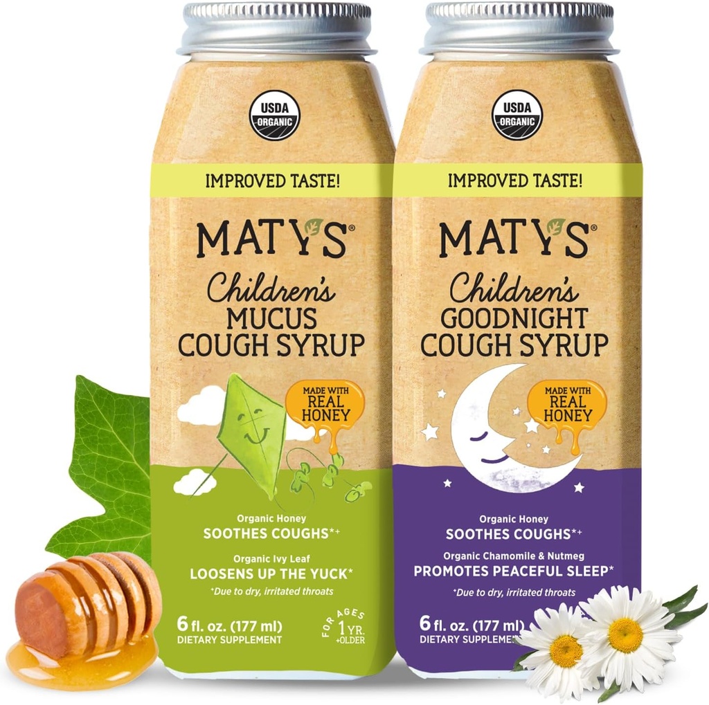 Matys Organic Kids Cough Syrup Licus & Nighttime Value Pack lastele 1 aasta + Up, rahustav All-in-One Cough ja lima Relief w/Zinc & Organic Ivy Leaf, Melatonin & Dye Free, 2 Pack, 6 Fl Oz Iga