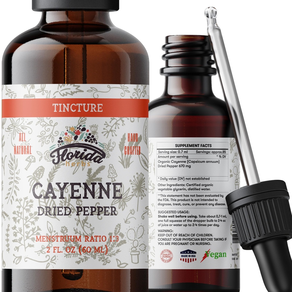Cayenne tinktuuriekstrakt, orgaaniline Cayenne (Capsicum annuum) Kuivatatud pipar - taimne glütseriin - GMO-vaba - 2 oz