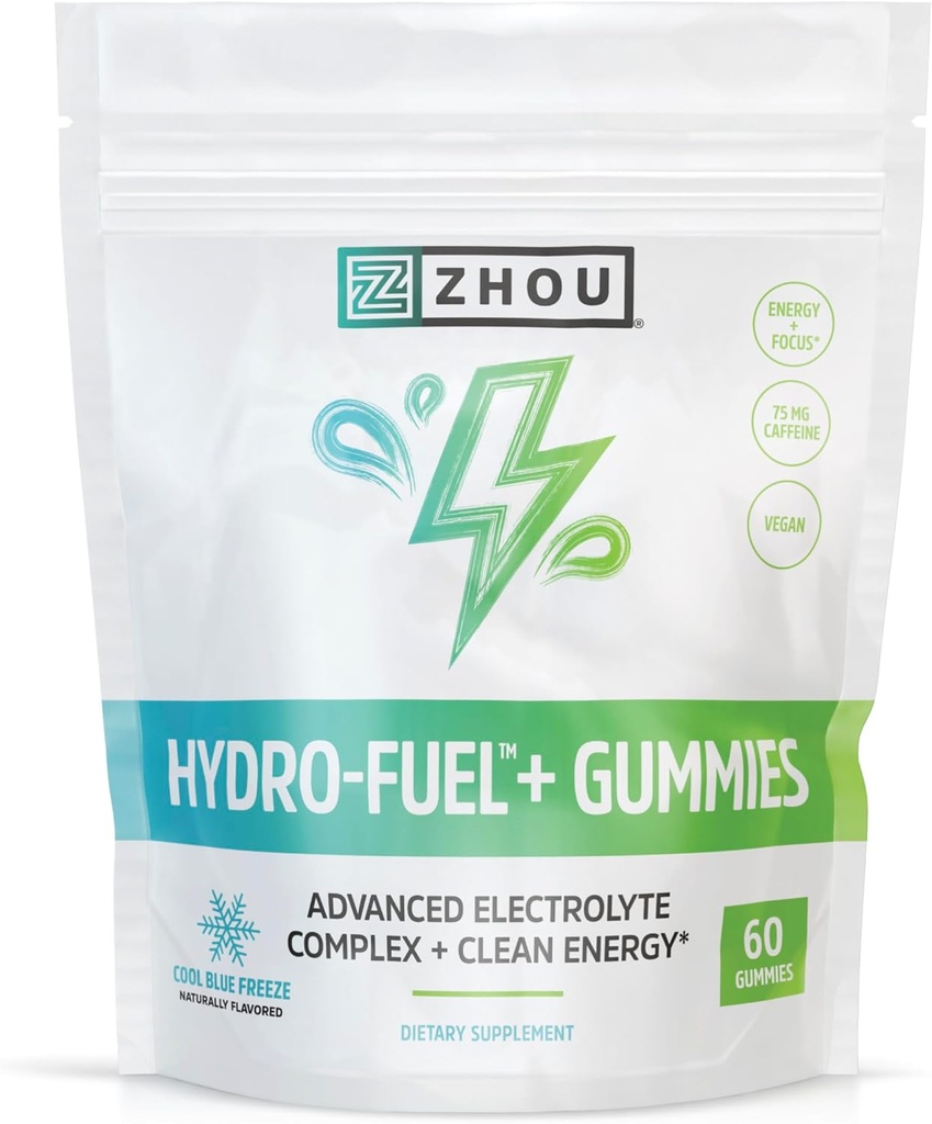 Zhou Nutrition Hydro-Fuel+ Kummid - elektrolüütkummid hüdratsiooniks, täiustatud närimiskompleksi elektrolüütide kompleksiga ja 75 mg kofeiini puhta energia jaoks, hüdratatsioonilisand - 60 vegan närimist