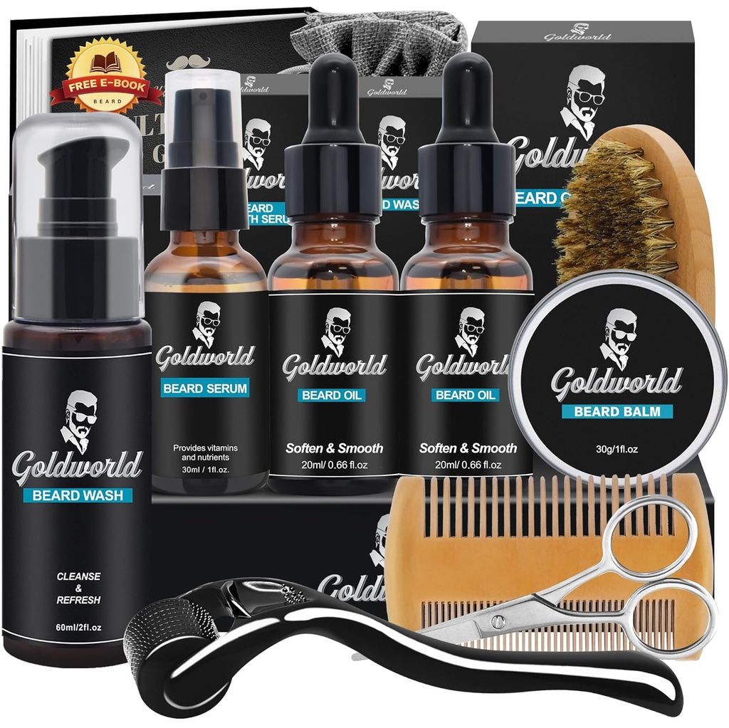 Beard Kit,Beard Grooming Kit w/Beard Wash/Shampoo,2 Packs Beard Oil,Beard Balm,Beard Wash,Brush,Comb,Scisor,Storage Bag, E-Book,Beard Care&Trimming Kit