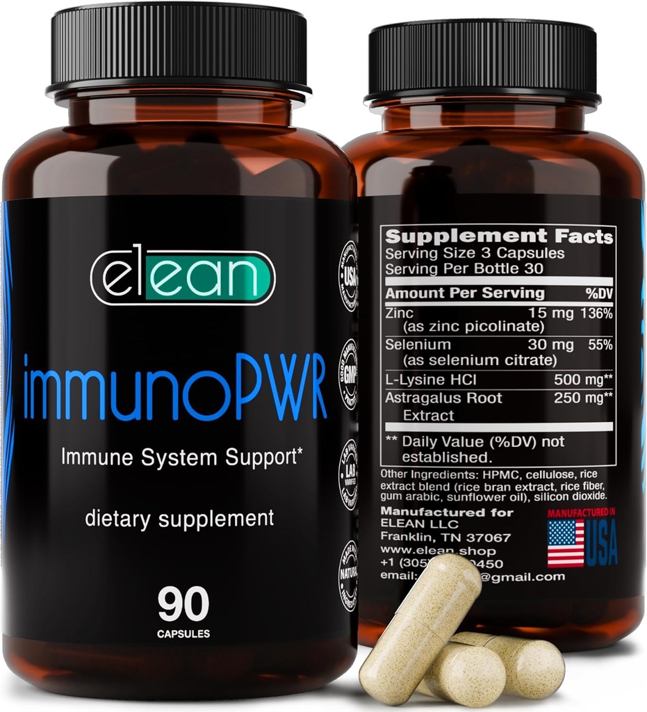ELEAN Immuno PWR- rikastatud tsingi, seleeni, aminohappe lüsiini ja astragalus juure ekstrakti kollageeni süntees, kilpnäärme tervis, mineraalide toetamine, energia ja immuuntervise 90 Veg kapslid.