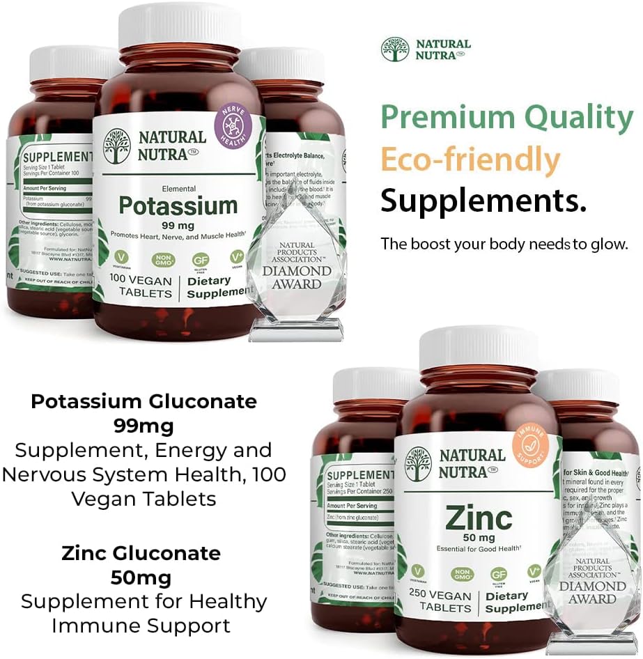 Natural Nutra Kaalium Gluconate 99 mg ja tsink Gluconate 50 mg toidulisandeid aitab säilitada immuunsust ja energia taset, gluteenivaba, oluline hea tervise.