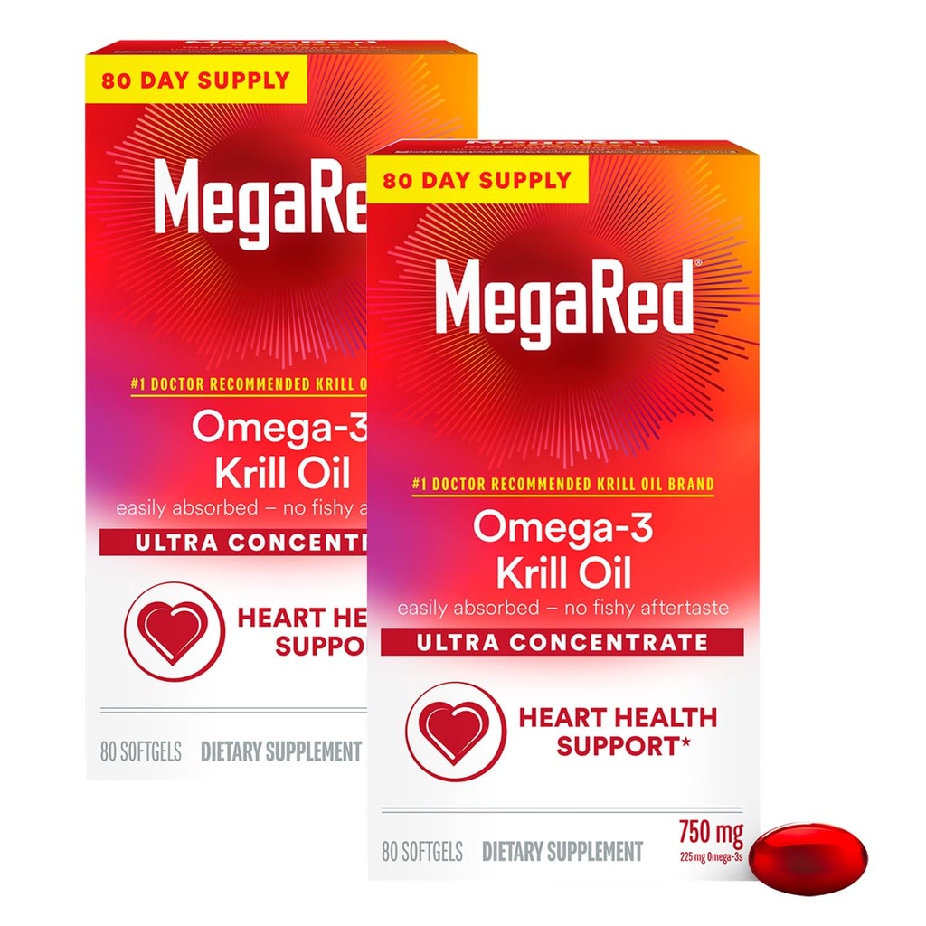 MegaRed Ultra kontsentraat 750mg Omega-3 Krill õli rasvhapete lisandiga EPA / DHA, antioksüdant astaksantiin, kalaõli järelmaitse ei toeta südame tervist, 80 Count Softgels (2 Pack)