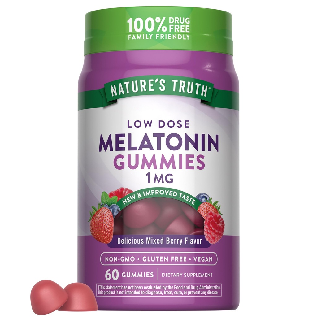 Looduse tõde Melatoniin Gummies | 1mg | 60 Count | Kirsi granaatõuna maitse | Vegan, mitte-GMO ja gluteeni tasuta lisand