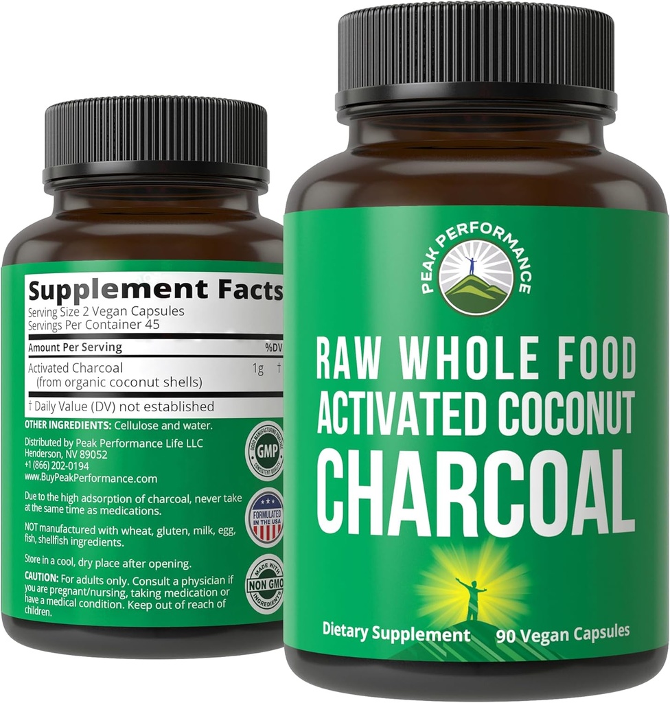 Peak Performance aktiveeritud Charcoal Vegan kapslid Wild Harvested Coconut Shells. Parim ohutu söe pillid täiendada Detox, gaasivabastus, Bloating. meestele ja naistele 90 Kõik looduslikud tabletid