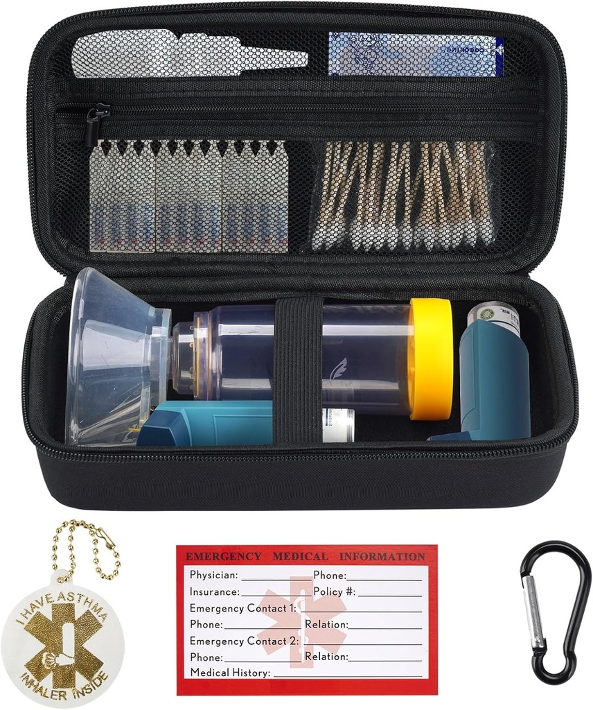 YouKnow Travel Carrying Case for astma inhalaator, Inhaler Spacer täiskasvanutele ja lastele, Mask, Inhalaatori hoidja astma hoiatusmärgis ja meditsiiniline kaart, karabiiniga (ainult juhul) (must)