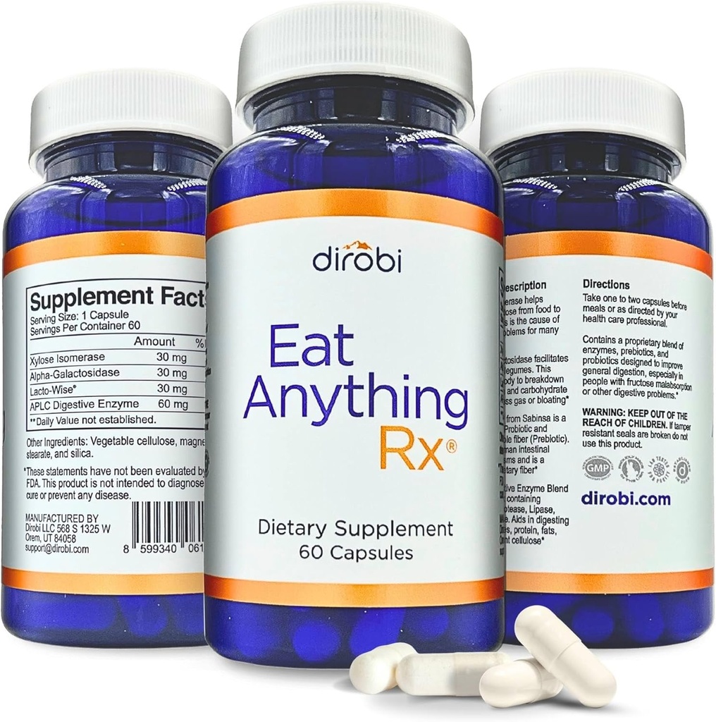 Dirobi Söö midagi Ksüloos Isomeraas Fruktoosi malabsorptsiooni ensüümid, FODMAP-i lisand, seedetrakti ensüümid parema laktoosi, rasva, valgu ja süsivesikute seedetrakti gaas & Bloating Relief 60 kapslit