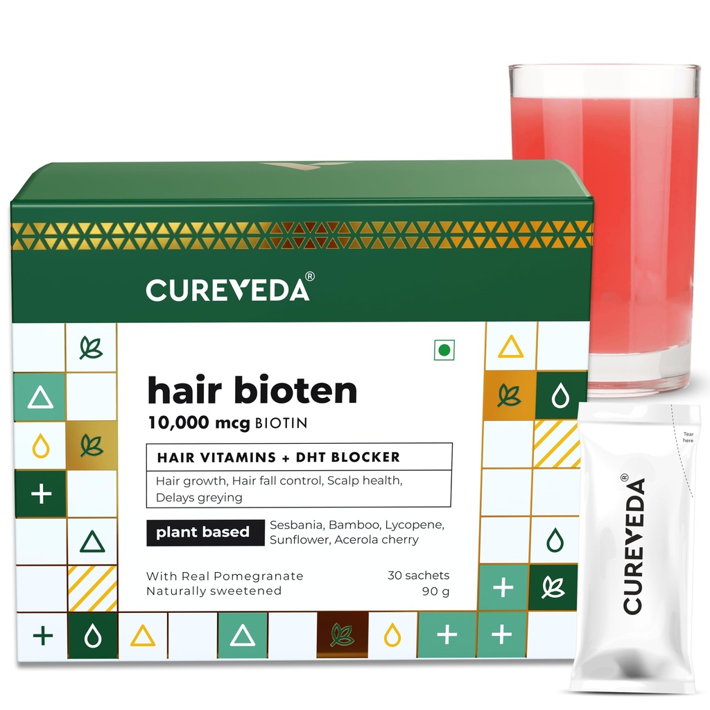 Cureveda Curveda Kasvatamine Taimepõhine Biotiin 10000 Mcg Pulber Täiendus Unisex, Kasu Tervislik peanahk ja juuste kasvu, Ei Lisatud Suhkrut, Looduslik granaatõuna Maitse 150 g (Pakk 1) Grow-1