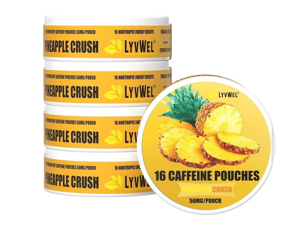 LyvWel 56mg Kofeiini energiakotid - ananass - puhta energia ja fookuse suurendamine Guarana - 5-pakk 16 kotiga purgi kohta (80 kogu kotti)