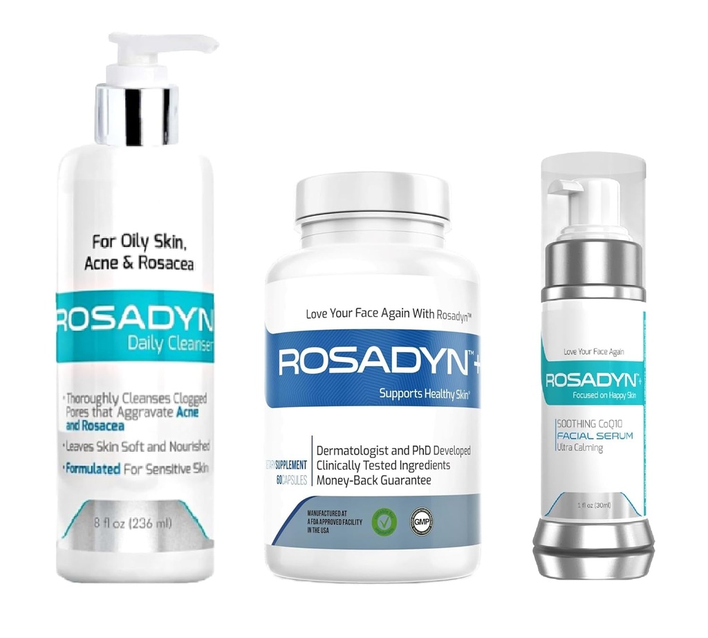 Rosacea ravitooted, komplekt 3 | punetuse leevendamise täiendus, Honey Gel Cleanser ja CoQ10 näo seerum Rosadyn +