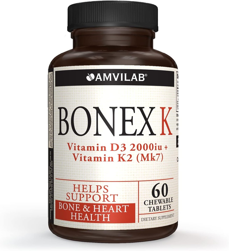 Bonex K Supplement|Vitamiin D & K Complex|Toetab südant, luid ja hambaid Tervis |2000IU Vitamiin D3 & 75mcg Vitamiin K2|Non-GMO|Small & Easy to Neelata60 Day Supply närimistablette