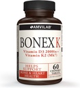 Bonex K Supplement|Vitamiin D & K Complex|Toetab südant, luid ja hambaid Tervis |2000IU Vitamiin D3 & 75mcg Vitamiin K2|Non-GMO|Small & Easy to Neelata60 Day Supply närimistablette