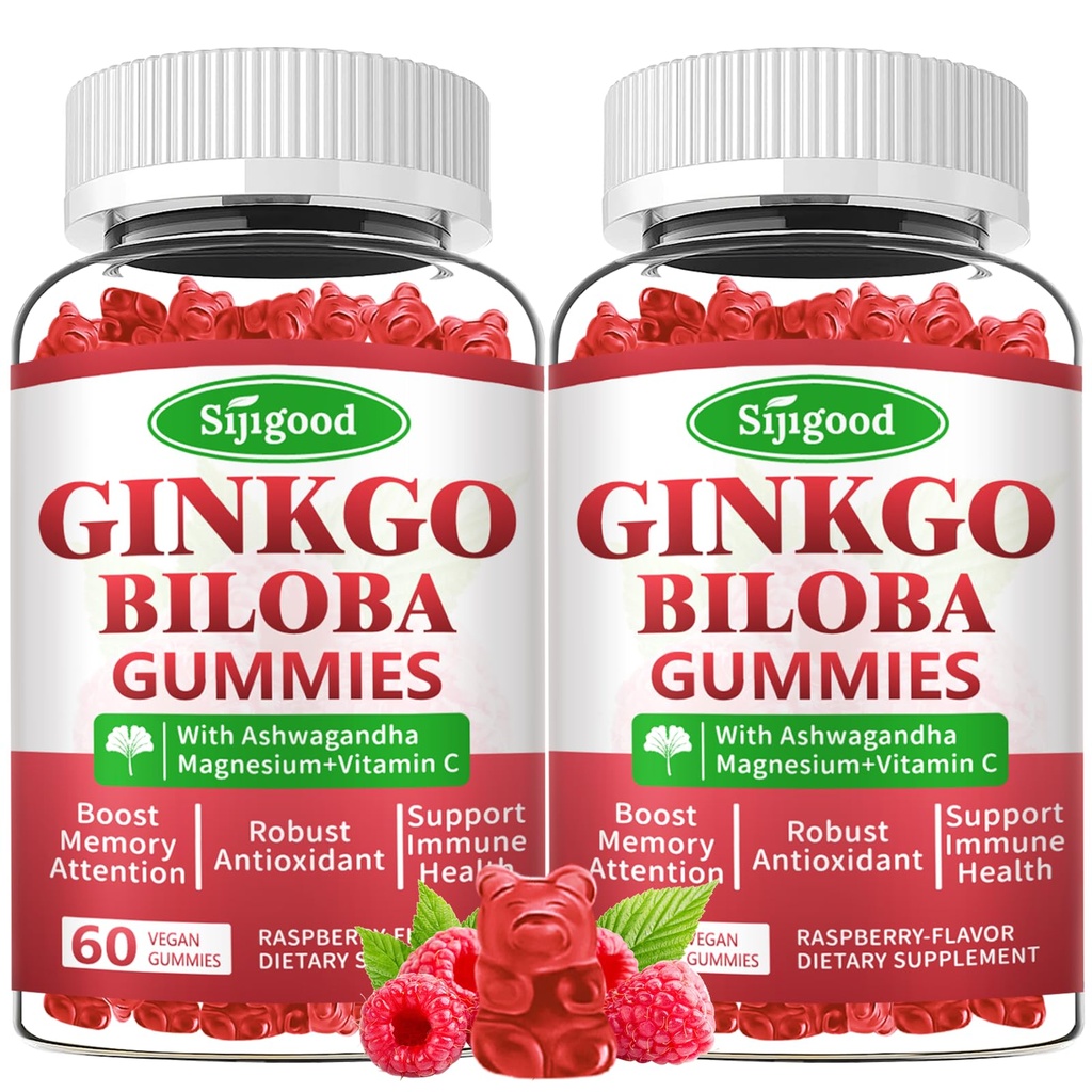2 Pack Ginkgo Biloba Gummies Panax ženšenni ja magneesiumiga, Ginkgo Biloba toidulisandid fookuse, mälu ja aju tervise jaoks täiskasvanutele ja lastele, Vegan Vaarika Maitse Gummies, 120 krahv