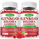 2 Pack Ginkgo Biloba Gummies Panax ženšenni ja magneesiumiga, Ginkgo Biloba toidulisandid fookuse, mälu ja aju tervise jaoks täiskasvanutele ja lastele, Vegan Vaarika Maitse Gummies, 120 krahv