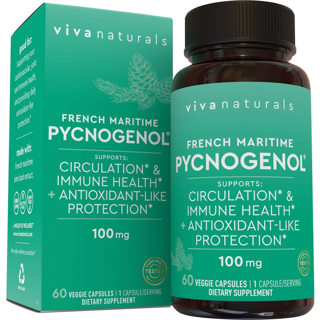 Viva Naturals Pycnogenol - 100 mg Prantsuse meremännikoore ekstrakt - toetab vereringet, antioksüdant-like aktiivsust, liigeseid ja immuunsüsteemi tervist ja funktsiooni - 60 Veggie kapslit