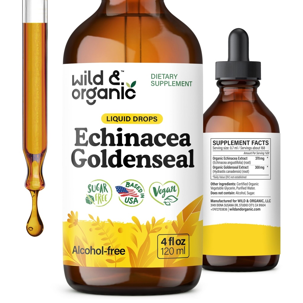 Wild & Organic Echinacea Goldenseal Tinktuura - Immuunsüsteemi tugitilgad Echinacea ja Goldenseal Root Extract - Vegan, suhkur ja alkoholivaba vedelik täiendus - 4 fl oz
