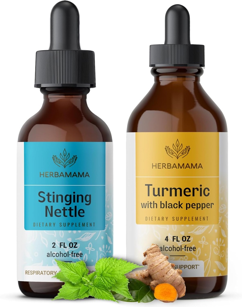 HERBAMAMA Taimsete vedelike tilgad Kit - Bundle of Stinginging Nettle 2 fl oz & Kurkumi kurkumiin Tinktuur 4 fl oz - Vegan, GMO-vaba, suhkur ja alkoholivaba - 2 Pack